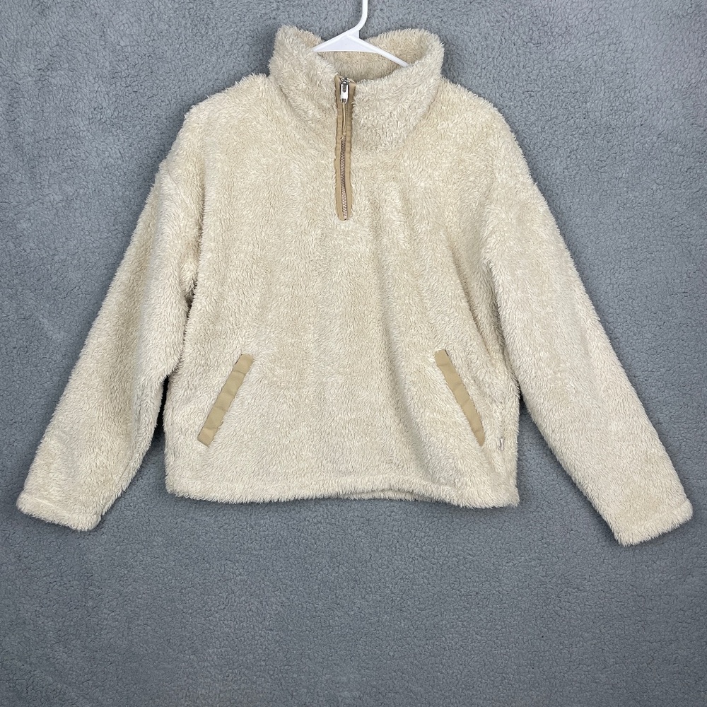 THE NORTH FACE Jacket Womens L Cream Quarter Zip Furry Fleece Pockets Mock Neck